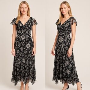 R&M Richards black and white floral print flutter sleeves maxi dress, 12‎